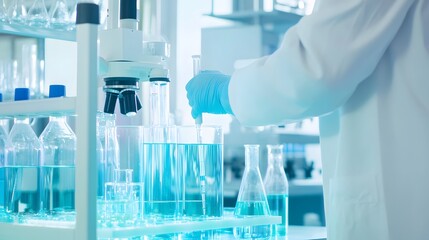 Wall Mural - a scientist in a lab coat works with beakers filled with a blue liquid.