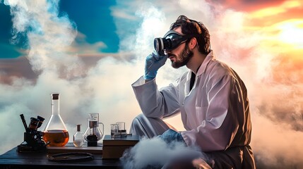 Wall Mural - a scientist in a lab coat and goggles looks thoughtfully at a vial of liquid.