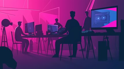 Wall Mural - Silhouetted figures working in a vibrant gaming setup, surrounded by neon lights.