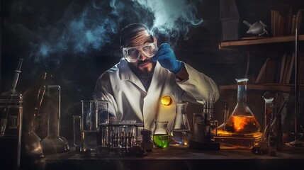 Wall Mural - a male scientist in a lab coat looks thoughtfully at a glowing object in a dark lab.