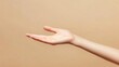 © ShaZi - Beautiful woman hand isolated on brown background. Empty open female hand on cream background with copy space. Close up of elegant palm faced upwards with space for your product.