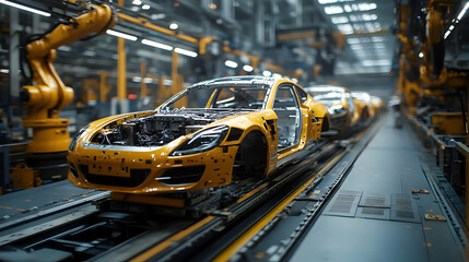 Poster - Assembly line featuring partially constructed cars in a factory.