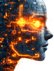 Poster - A digital face with glowing circuits and patterns suggesting complex artificial intelligence and cyber integration aesthetics.