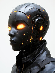 Poster - A dark robotic face features luminous eyes, representing the intersection of artificial intelligence and human emotion in the future.