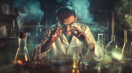 Wall Mural - a scientist in a lab coat stares intently at a beaker while working on a scientific experiment in a 