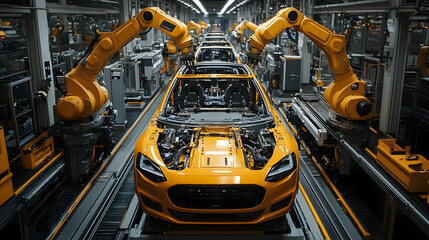 Canvas Print - Automated assembly line with robotic arms and cars in production.