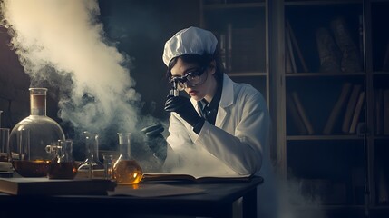 Wall Mural - a female scientist in a lab coat and goggles examines a vial in a smoky laboratory.