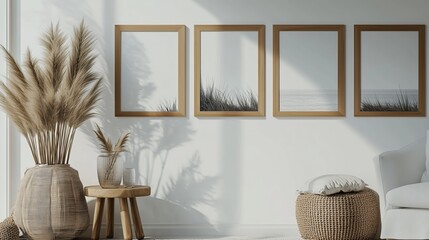 Wall Mural - Many frame mockup with wooden frames on the wall