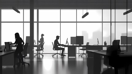 Wall Mural - Silhouettes of professionals working in a modern office environment.