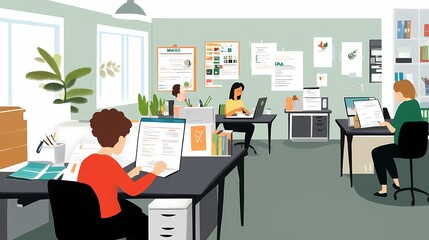 Wall Mural - Diverse office environment with focused individuals working at their desks.