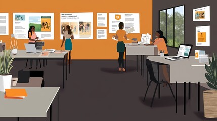 Wall Mural - A vibrant office setting with diverse women collaborating on projects.