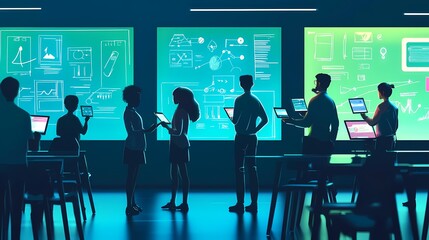 Wall Mural - Diverse group of professionals collaborating in a modern workspace with digital displays.