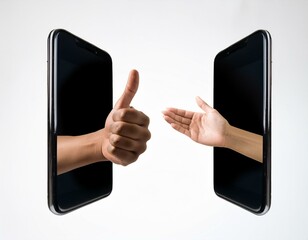 Two hands with thumbs up emerging from the center of a black smartphone screen on a white background, symbolizing approval, digital communication, and positive feedback - Generative AI