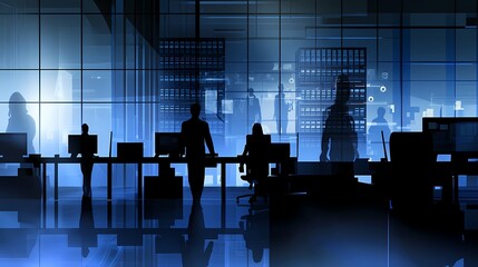 Wall Mural - Silhouettes of diverse professionals working in a modern office space at night.