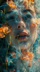 Poster - Dreamy Portrait of a Woman Surrounded by Flowers and Smoke