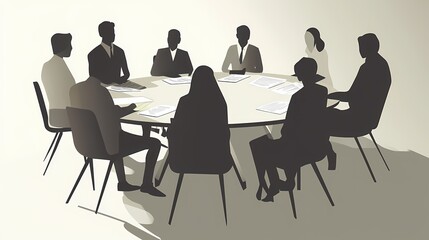 Wall Mural - Silhouettes of diverse professionals engaged in a round table meeting.