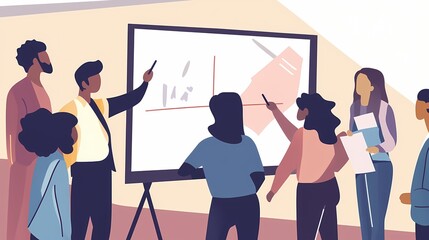 Wall Mural - Diverse group of professionals collaborating in a meeting, analyzing data on a board.