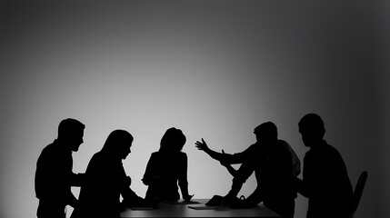 Wall Mural - Silhouetted team collaboration in a meeting setting, highlighting diverse professionals.