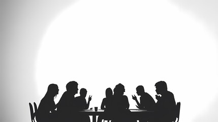 Wall Mural - Silhouettes of diverse individuals engaged in a lively discussion around a table.
