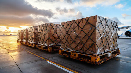 Poster - Cargo pallets loaded with boxes at an airport during sunset.