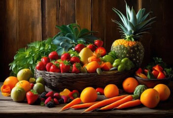 Wall Mural - colorful artistic arrangement vibrant fruits vegetables showcasing freshness abundance, produce, display, healthy, organic, wholesome, nutrition, garden