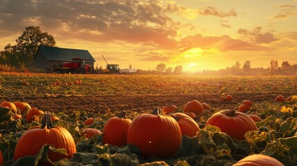 Canvas Print - Pumpkin harvest at the farm during sunset