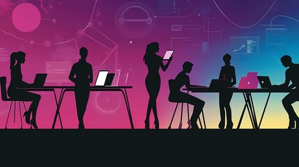 Wall Mural - Silhouetted figures engaged in digital work against a colorful tech backdrop.