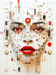 Poster - A unique sculpture crafted with intricate circuit designs, shaped into a face with striking red details and geometric patterns.