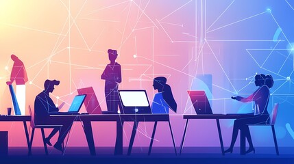 Wall Mural - Silhouettes of diverse professionals collaborating in a modern office space.