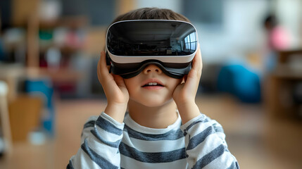 Child wearing virtual reality headset, exploring immersive experiences.