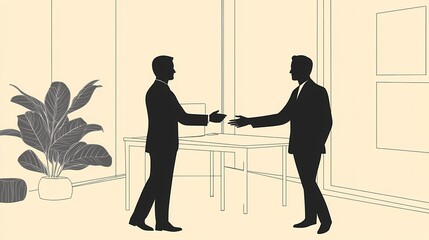 Wall Mural - Two business professionals shaking hands in a modern office setting.