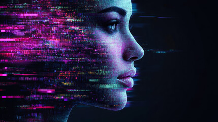 Poster - Profile of a woman with glitchy digital data, vibrant pink and blue tones creating a sense of futuristic cyber interaction.