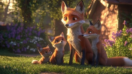 Wall Mural - A family of animated foxes sitting together in a vibrant, natural setting.