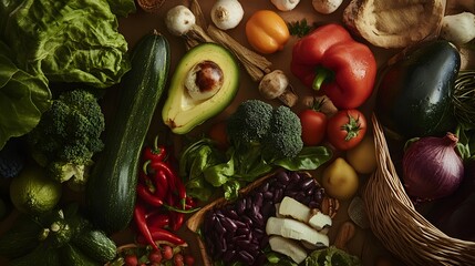 A colorful spread of fresh produce, perfect for a healthy vegan meal.