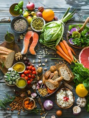 Aufkleber - A rustic wooden table is beautifully arranged with an array of fresh fruits, vegetables, nuts, and nutritious meals, perfect for sharing. Generative AI