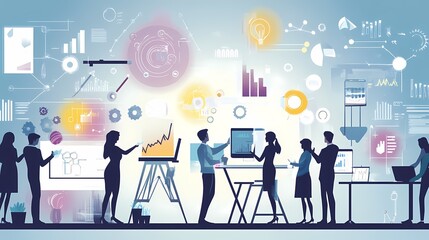 Wall Mural - Diverse team collaborating on data analysis and innovation in a modern workspace.