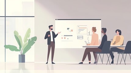 Wall Mural - A diverse group in a modern office attending a presentation by a male speaker.