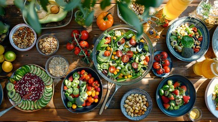 Poster - A wooden table is adorned with a colorful selection of fresh fruits, vibrant vegetables, nuts, and balanced meals for healthy eating. Generative AI