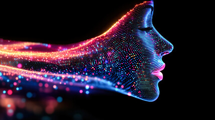 Poster - A vibrant digital silhouette of a female face composed of colorful dots and lines, suggesting technology and innovation.