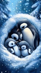 Wall Mural - A cozy scene of penguins huddled together in a snowy environment.