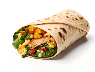 A breakfast wrap with scrambled eggs, avocado and greens wrapped in a whole-grain tortilla, isolated on white background 