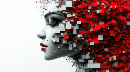 Poster - Profile view of a human face dissolving into red cubes, showcasing structural deconstruction and digital transformation art.