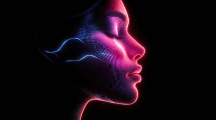 Poster - A glowing neon outline of a woman's profile set against a black background, combining digital elements with human features.
