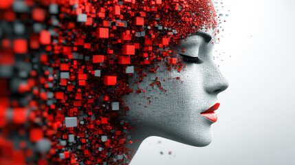 Poster - A face profile breaks into red fragments, forming a cubist portrait in an abstract interplay between art and technology.