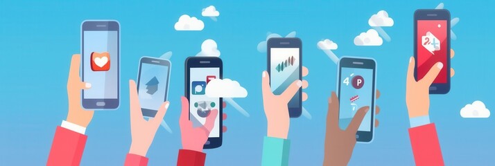Aufkleber - Multiple hands hold smartphones showing different social media applications under a sunny sky with white clouds. Generative AI