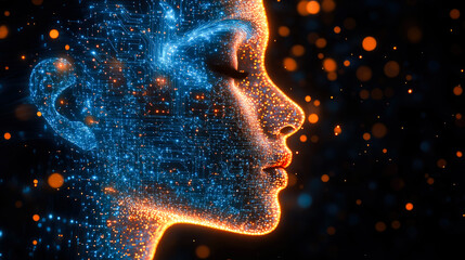 Poster - A side view of a digital face, illuminated by vibrant neon energy and circuit-like patterns in blue and orange hues.