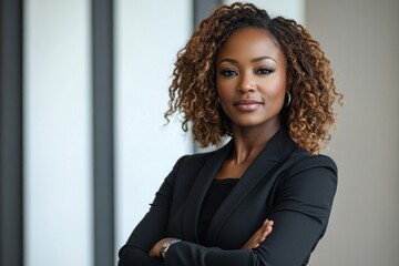 Beautiful female african american business woman CEO in a suit at the workplace, standing confidently with arms folded, Generative AI