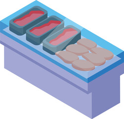 Poster - Isometric icon of a refrigerated meat display case showing chicken and beef
