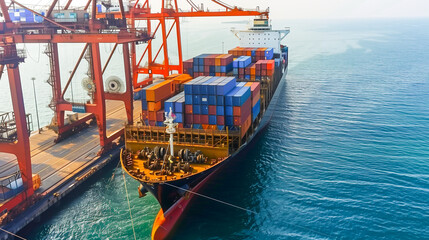 Logistics, container Cargo ship transportation with working crane bridge in deep sea port for import export.