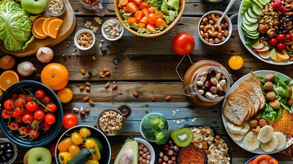 Poster - The table showcases a vibrant array of healthy foods, featuring colorful fruits, crisp vegetables, a variety of nuts, and wholesome meals. Generative AI